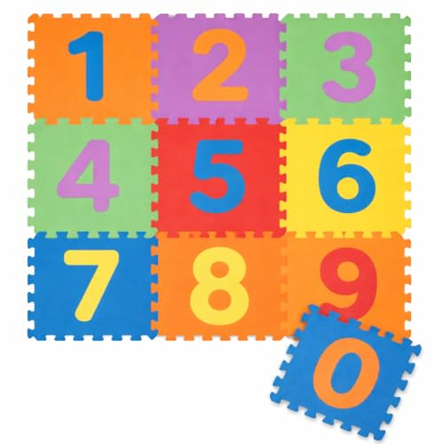 Tappeto Bambini in Eva – 10 Pezzi con Numeri e No Bordi | Tappetini Puzzle Gioco Morbidi, Antiscivolo, Certificati CE (10 Pezzi, Numeri)