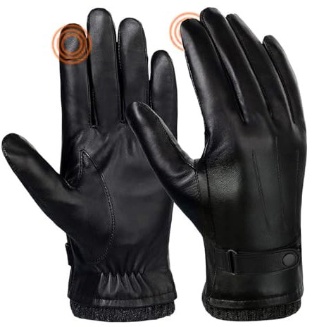 SANKUU Schwarze Lederhandschuhe für Herren, Winter, warm, Touchscreen, Fahrradhandschuhe, Outdoor, Reiten, warmes Innenfutter, wasserdichte Handschuhe, Schwarz, Large
