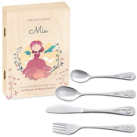 Maverton Kinderbesteck Set mit Gravur + Holzbox mit Aufdruck - mit Tieren - aus Edelstahl - Weihnachtsgeschenke - Braun - Geschenk für Mädchen zum Geburtstag zur Taufe Geburt - Prinzessin