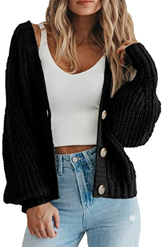PRETTYGARDEN Womens Long Sleeve Cardigan Sweaters for Women Dressy, Button Down Soft Knitted Short Cardigans (Black,X-Large)