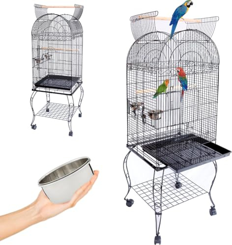 BAKAJI Gabbia Voliera per Uccelli, Pappagalli Inseparabili, Parrocchetti, Volatili con Carrello e Tetto Apribile in Metallo e Legno Nero Gabbietta con Posatoi e Ruote con Blocco, 59 x 59 x 150 cm