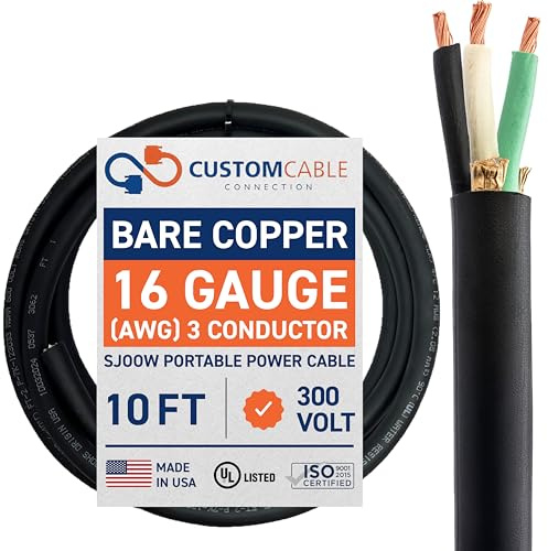 16/3 SJOOW 300V Cable – 16 Gauge (16 AWG) Portable Power Cable with 3 Conductors – Fully Annealed Stranded Bare Copper Wires – Water & Oil Resistant for Heavy Duty Industrial Use – USA Made (10ft)