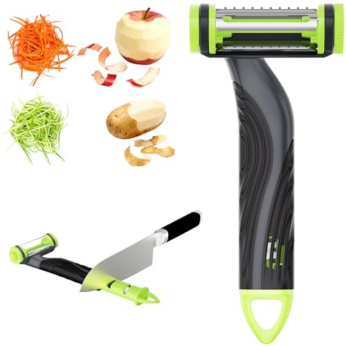 3 en 1 Éplucheur Professionnel avec Tête de Lame Rotative et Lames Double Face – Éplucheur à Légumes en Forme de T avec Affûteur de Couteaux Intégré – Coupe-Julienne Bidirectionnel pour Fruits/Légume