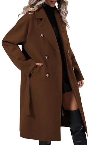 Manteaux d'hiver en laine pour femme, col à revers cranté, double boutonnage, manteau trench-coat classique avec ceinture, manteau long coupe-vent chaud en laine avec poches, marron, S