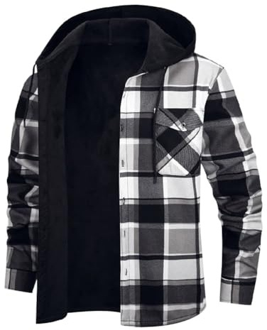 Oanviso Giacca Camicia Imbottita Uomo Mezza Stagione con Cappuccio Giacche Invernale A Quadri Camice da Boscaiolo Regular Fit Camicione Giubbotto A Bianco L