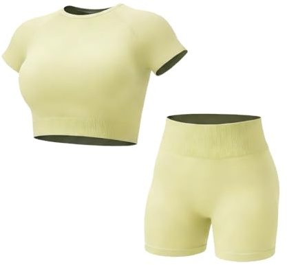 Velichor Conjuntos de Entrenamiento para Mujer Top Corto Costuras 2 Piezas Pantalones Cortos Cintura Alta Ropa Yoga Fitness Gimnasio, M, Amarillo claro