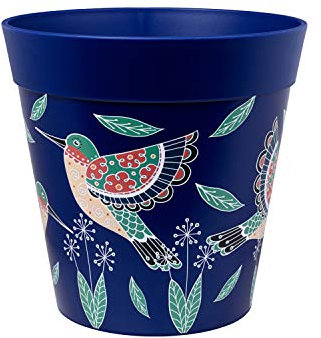 Hum Flowerpots, 22cm, Various Patterns Colours and Sizes, Indoor/Outdoor Plastic Plant Pot, Blue Hummingbird