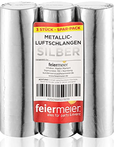 PartyMarty Luftschlangen Silber Metallic im 3er Sparpack - 3 Rollen mit je 18 metallisch glänzenden Luftschlangen - Karneval, Fasching, Hochzeit, Silvester & Co GmbH®