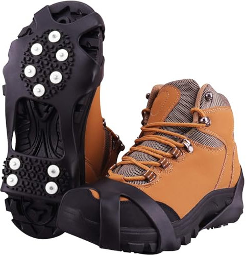 Fesoar Steigeisen für Stiefel, EIS Traktion Stollen rutschfest auf Schuhe/Stiefel 10 Stollen Schnee EIS Steigeisen Spikes (L)