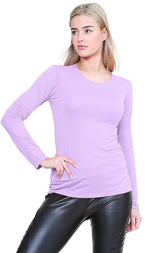 Janisramone Långärmad T-shirts kvinnor, enkel rund hals andningsbara sommartoppar för kvinnor Storbritannien, stretchiga gå ut toppar, Lila, 34-36