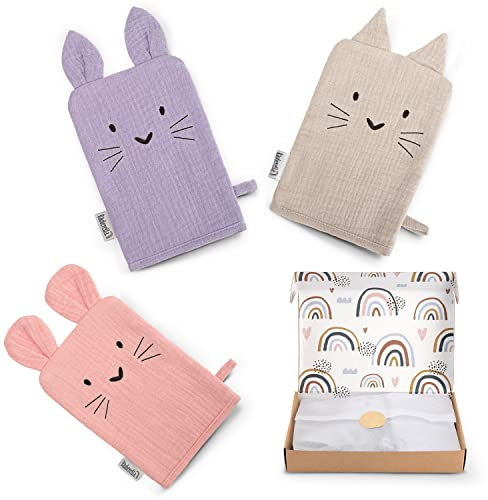 Räuberella® Baby-Waschlappen im 3er-Set I 20x14cm I Babywaschlappen aus 100% Bio-Baumwolle I Bezaubernde Musselin-Waschlappen-Baby I Hochwertiges Waschhandschuh-Kinder-Set inkl. Geschenk-Verpackung