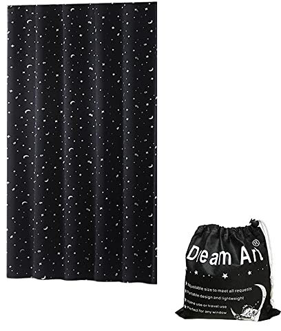 Dream Art Anywhere Temporary Portable Blackout Curtain/Adjustable Blackout Shades Blinds with Suction Cups for Bedroom or Travel Use,Silver Moon& Star Foil Print Black Curtain,1 pc