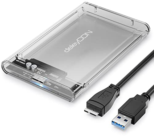 deleyCON SSD Festplattengehäuse USB A (5Gbps USB 3.1) für 2,5“ Zoll SATA 3 SSD / HDD / 7 mm bis 9,5 mm SATA III Festplatten Externes Gehäuse UASP [Transparent]
