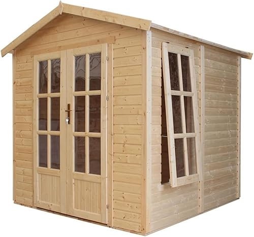 TIMBELA M351FB Holzhütte mit Fußboden und Bituminosenschindeln, grau, L 233 x B 222 x H 233 cm – Multifunktional, Büro, Werkstatt, Gartenstudio