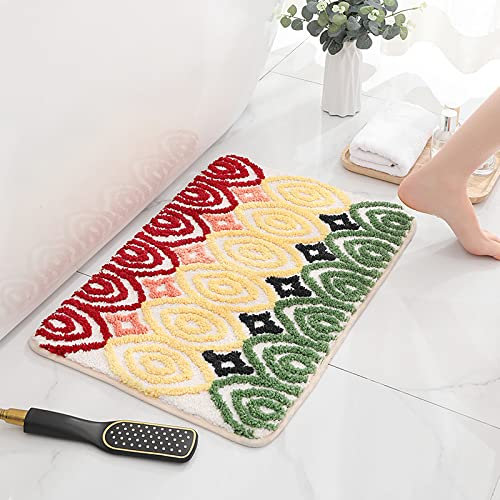 Badezimmerteppich Grün Gelb Rot Badematte Flauschig Mikrofaser Badvorleger rutschfest Duschvorleger Schnelltrocknend Badteppich Waschbar Duschvorleger Verdicken Badematten Badmatte 50x80cm