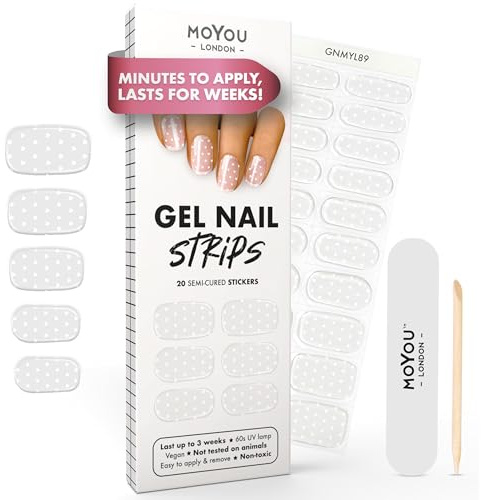 MOYOU LONDON Semi Cured Gel Nail Strips - 20 Pcs. Waterproof Gel Nail Wraps, Cures in Sunlight or UV/LED Lamp, Lasts Up to 2+ Weeks, Stretchable, Easy to Apply & Remove, Vegan & Cruelty-Free
