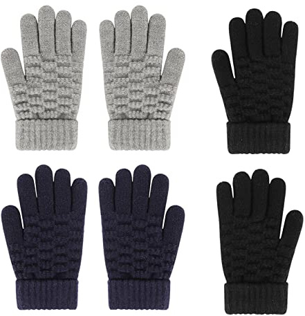 Barnhandskar vinter stickade handskar magiska helfingerhandskar stretchiga varma tjocka barnhandskar för pojkar och flickor, 4–9 år, 3 par, Svart, marinblå, grå, en storlek