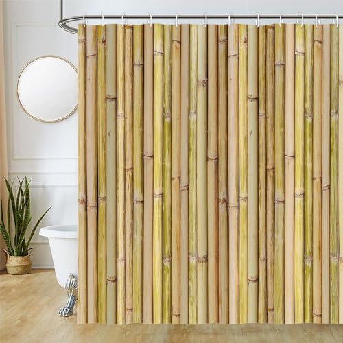 Uiiooazy Bamboo Shower Curtain, Zen Yellow Bamboo Stems Oriental Theme Bath Curtain Mildew and Mould Resistant Waterproof Polyester Fabric Washable Opaque Bathroom Curtain with 12 Hooks 180Wx180Hcm