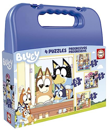 Educa - Set de Cuatro Puzzles progresivos de 12 a 25 Piezas con los Personajes de Bluey | Presentados en una magnífica Maleta para Poder guardarlos. Recomendados a Partir de 3 años (19830)