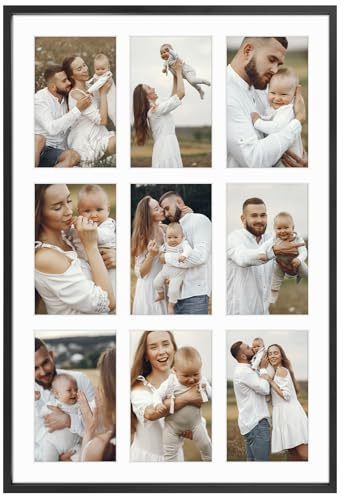 Golden State Art, 4x6 Aluminum Collage Frame, Displays 6x4 Pictures With 9 Openings Mat or One 13.6x19.7 Photo, Real Glass, Portrait/Landscape Wall Display, Black, 1 Pack