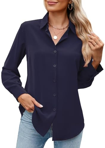 GliAnTok Camisa de Manga Larga con Botones para Mujer, ultrasuave, elástica, sin Arrugas, para el Trabajo, Informal, para Negocios, Oficina, Azul Marino, M