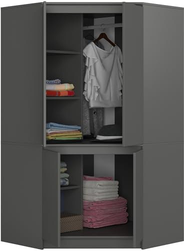 BDW - Eckschrank Schlafzimmer - Kleiderschrank Groß - Schrank 100 cm breit, 180 cm hoch - Eckkleiderschrank mit Kleiderstange und Einlegeböden - Kleiderschrank Graphit