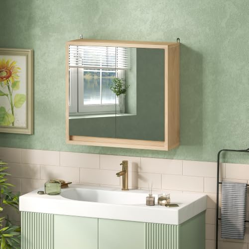 HOMCOM Armario de Baño con Espejo 2 Puertas 48x14,5x45 cm Madera Natural | Estantes Abiertos, Mueble de Baño Colgar, para Cocina, Salón