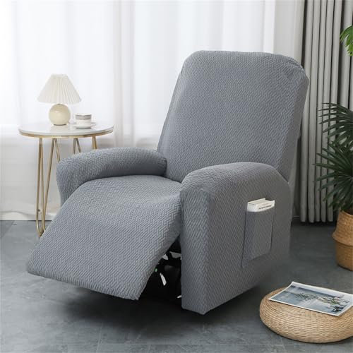 Hearda 1 Seater Jacquard Recliner Chair Cover, Recliner Slipcover for Electric Chair with Pockets, 4 Pieces Stretch Recliner Sofa Covers, Non-Slip Armchair Covers, Sofa Slipcovers Protector-Grey