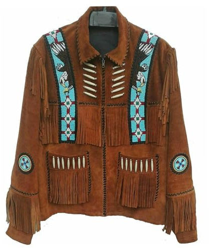 Rumble Products Chaqueta tradicional occidental para hombre, chaqueta de cuero marrón nativo americano, chaqueta de flecos estilo vaquero para hombre, Marrón, Large