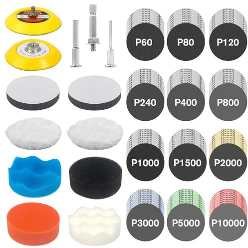 Lot de 133 embouts de polissage pour visseuse sans fil, tampon de polissage de 75 mm, disques abrasifs de 75 mm, tampons de polissage, kit de polissage pour phares de voiture pour polissage, meulage,