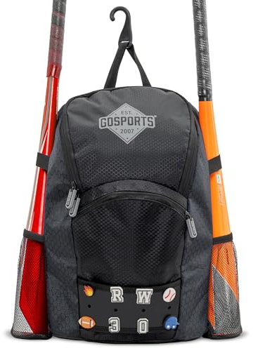 GoSports Youth Baseball & Softball Bag, Black, Customizable Charm Panel