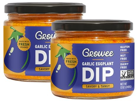 Growee Vegan Garlic Eggplant Dip (2 Pack) | Nut-Free, Gluten-Free & Dairy-Free Spread | Plant-Based Cheese, Mayo, Hummus & Vegan Sauce Alternative for Bread, Crackers, Pizza & Pasta | Made with Fresh Veggies