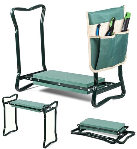 vounot® Banc de Jardinage Pliable 2 en 1 Tabouret Agenouilloir de Jardin avec Pochette de Rangement pour Outils Siège avec Coussin Doux en EVA pour Le Jardinage Extérieur Vert