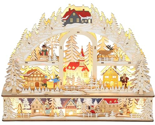 HOMCOM Village de Noël Lumineux avec 20 LED, Village de Noël animé en Arc à 3 Niveaux avec Effet Bois, Fonctionne sur Piles, 45 x 10 x 35 cm, Bois Naturel