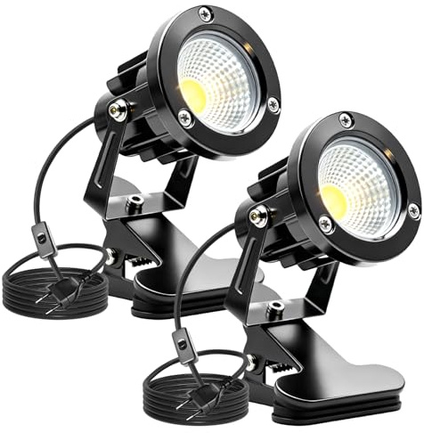 GBKDQQ 2 faretti LED a morsetto con spina e interruttore, IP65, 10 W, impermeabili, per interni ed esterni, con morsetto a LED da 1,5 m, per esterni, cortile/prato (bianco freddo)