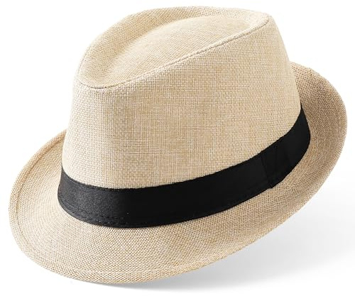 BABEYOND Straw Trilby Fedora Hat for Men-1920s Felt Panama Hat Short Brim Summer Cap with Ribbon