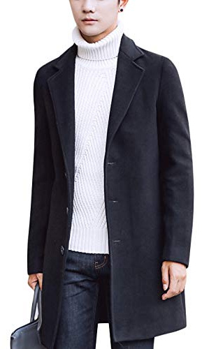 Springrain Men's Wool Blend Pea Coat Notched Collar Single Breasted Overcoat Warm Winter Trench Coat(Black-L)