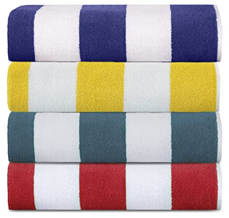 SweetNeedle - Beach Towels for Adults Pack of 4 White Cabana Striped Classic - 100% Cotton Terry Ringspun Pool Towel, Quick Dry, Super Absorbent Swimming large towel, 76 x 152 cm