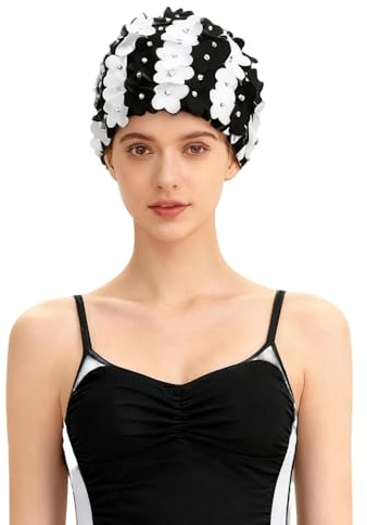 Bonnet de Bain Femme Fille Casquette Bonnet de Natation Elastique pour Cheveux Longs/Bouclés avec Fleurs Mode Taille Unique Chapeau Swim Cap Léger pour Plongée Piscine Natation Bain Spa