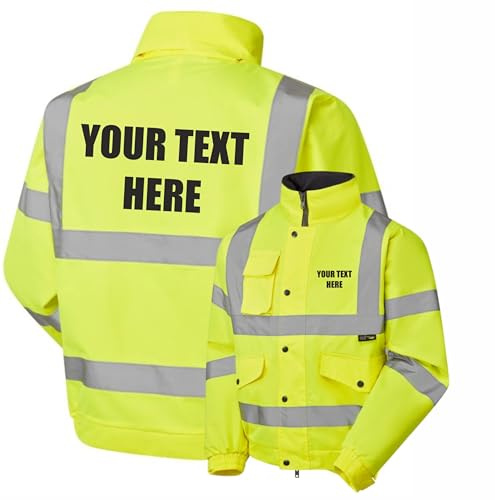 Brook Hi Vis Personalised Custom Printed Yellow Hi Vis Bomber Jacket Reflective, Waterproof, Conforms to EN20471 Class 3, Hi Vis Waterproof Jacket with Reflective Tape