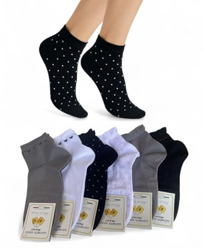 Calze Filo di Scozia Donna Made in Italy-Calzini Corti in Cotone Pregiato Mercerizzato, Fantasia,Eleganti, Estive e Traspiranti,Rimagliate a Mano con Elastico Morbido (35-40 Set Cuoricini 6 Paia)