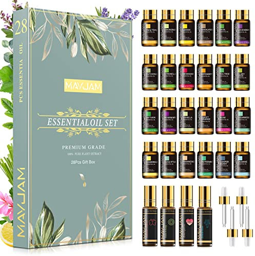 MAYJAM Juego De Aceites Esenciales 28pcs - Set De Regalo De Aceites Esenciales Para Humidificador, Difusor, Bricolaje, Hogar, 24 Aceites Esenciales Individuales + 4 Mezclas De Aceites Esenciales