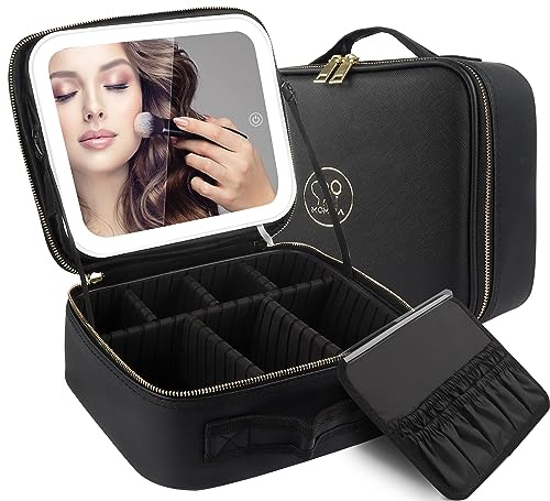 MOMIRA Travel Makeup Bag Cosmetic Bag Makeup Organizer Bag with Lighted Mirror, Adjustable Brightness in 3 Color Scenarios, Waterproof Makeup Train Case, Gift for Women - Black