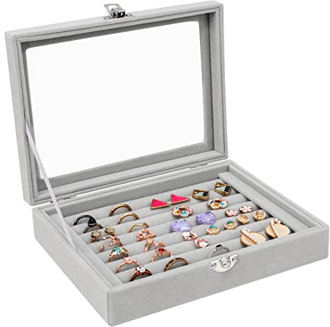 Jewelry Box with 7 Slots Velvet Jewelry Tray with Lid and Lock for Ring Jewelry Box Jewelry Box Jewelry Display Stand with Glass Lid