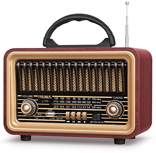 PRUNUS Retro Vintage Radio with Bluetooth Rich Bass Stereo Sound, Radios Portable AM FM, Rechargeable Speaker with TWS Pairing, Loud Volume,BT5.0, TF Card & MP3 Player for Home/Party