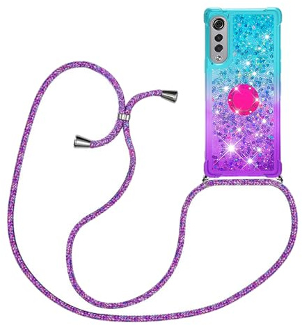 YAMCCCSE für LG Velvet 5G/4G Hülle mit Band, Mädchen Glitzer Handykette Handyhülle 360 Grad Ring Cover Flüssigkeit Clear Schutzhülle für LG Velvet 5G/4G，Blau + Lila