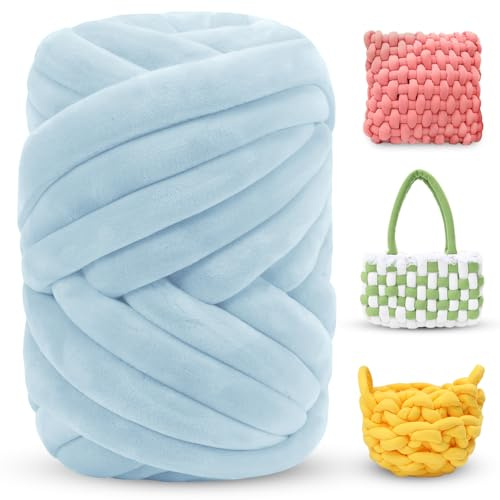 LEREATI Thick Chunky Yarn for Arm Knitting Jumbo Tube Soft Chunky Knit Blanket Velvet Yarn for Crocheting Handbags Hand Knitting Pet Bed Rugs Pillows Crafts (500g, Light Blue)