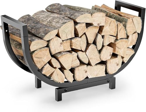 Mutool Estante de leña de metal, soporte de leña resistente para interiores y exteriores, cesta de madera de gran capacidad para almacenamiento de leña en chimenea, color negro