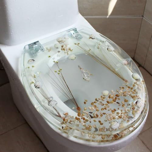 WC Sitze mit Absenkautomatik, Transparente Getrocknete Blumen WC Deckel mit Edelstahl Scharnieren, Einfache Montage, Leicht zu Reinigen, Klodeckel aus Harz, Runden Klobrille, 44x36.5cm