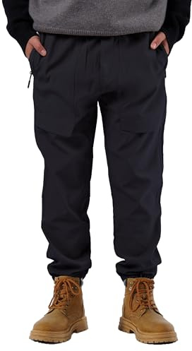 SERENYOU Waterproof Hiking Trousers Boys Softshell Elastic Waist Pants Kids Trekking Joggers Black 14-16 Years (Manufacturer's Size: 180)